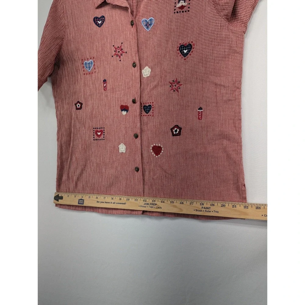 Koret City Blues Womens Medium Red Gingham Embroidered Heart Star Button Shirt - Picture 7 of 8